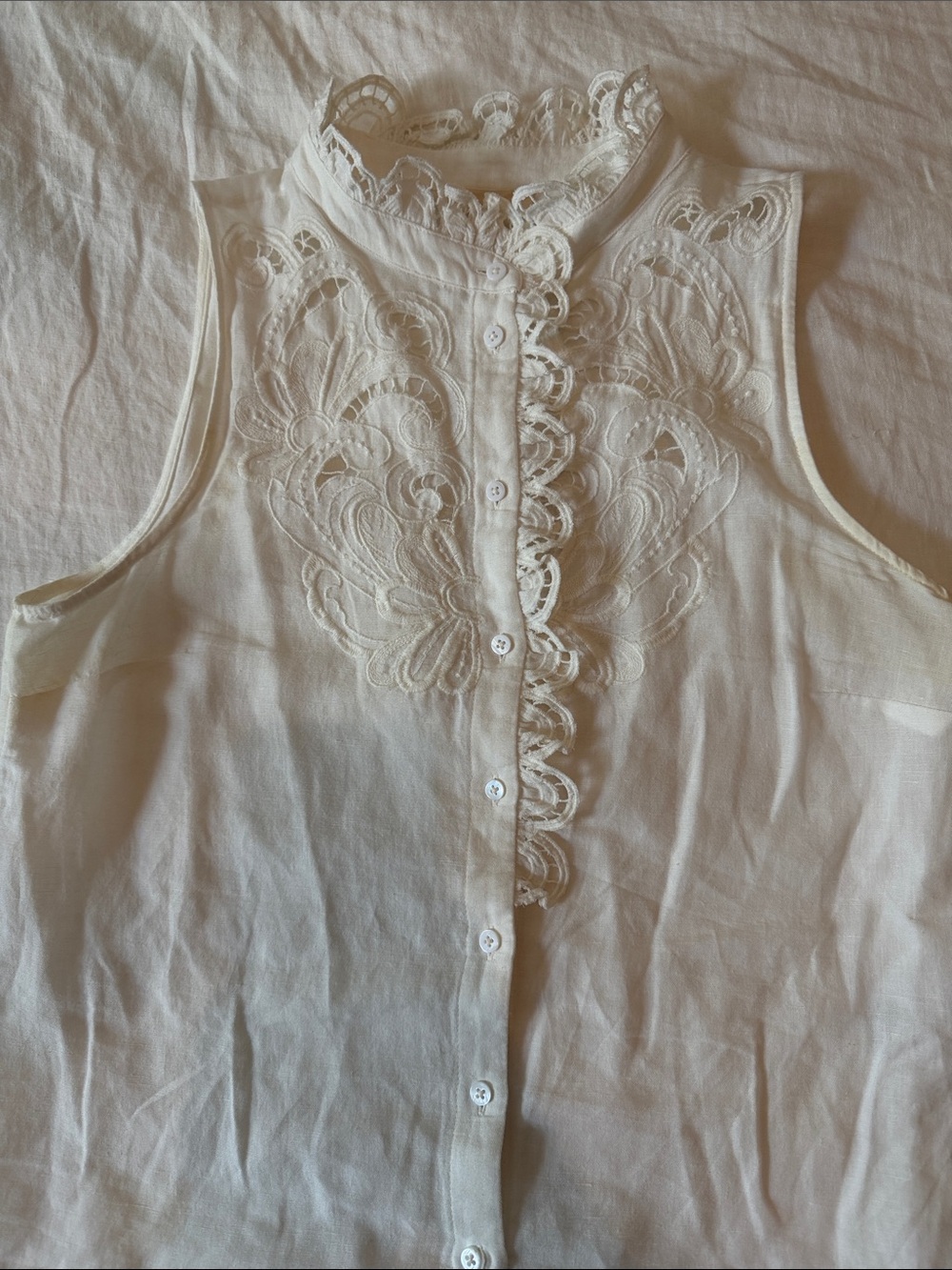 Sezane Cream Sleeveless Lace-Trim Button Down Top
